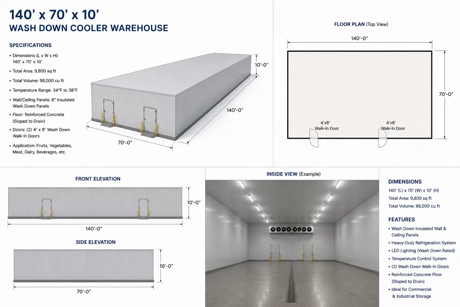 140 X 70 X 10 WASH DOWN COOLER WAREHOUSE