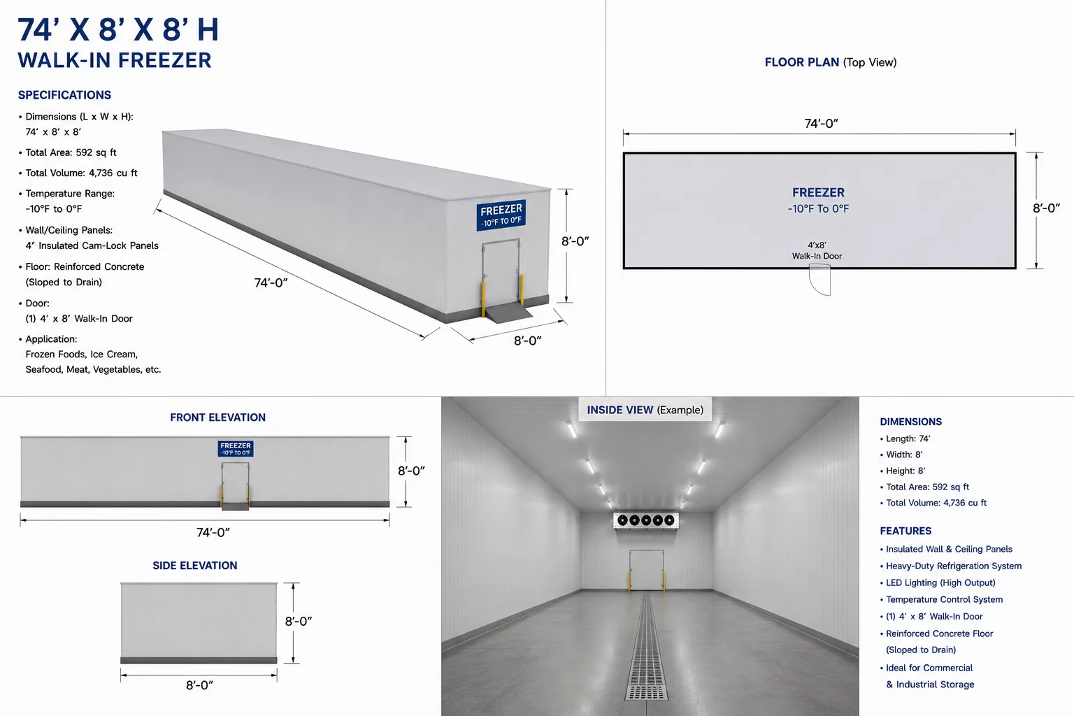 74 x 8 x 8(H) Walk In Freezer