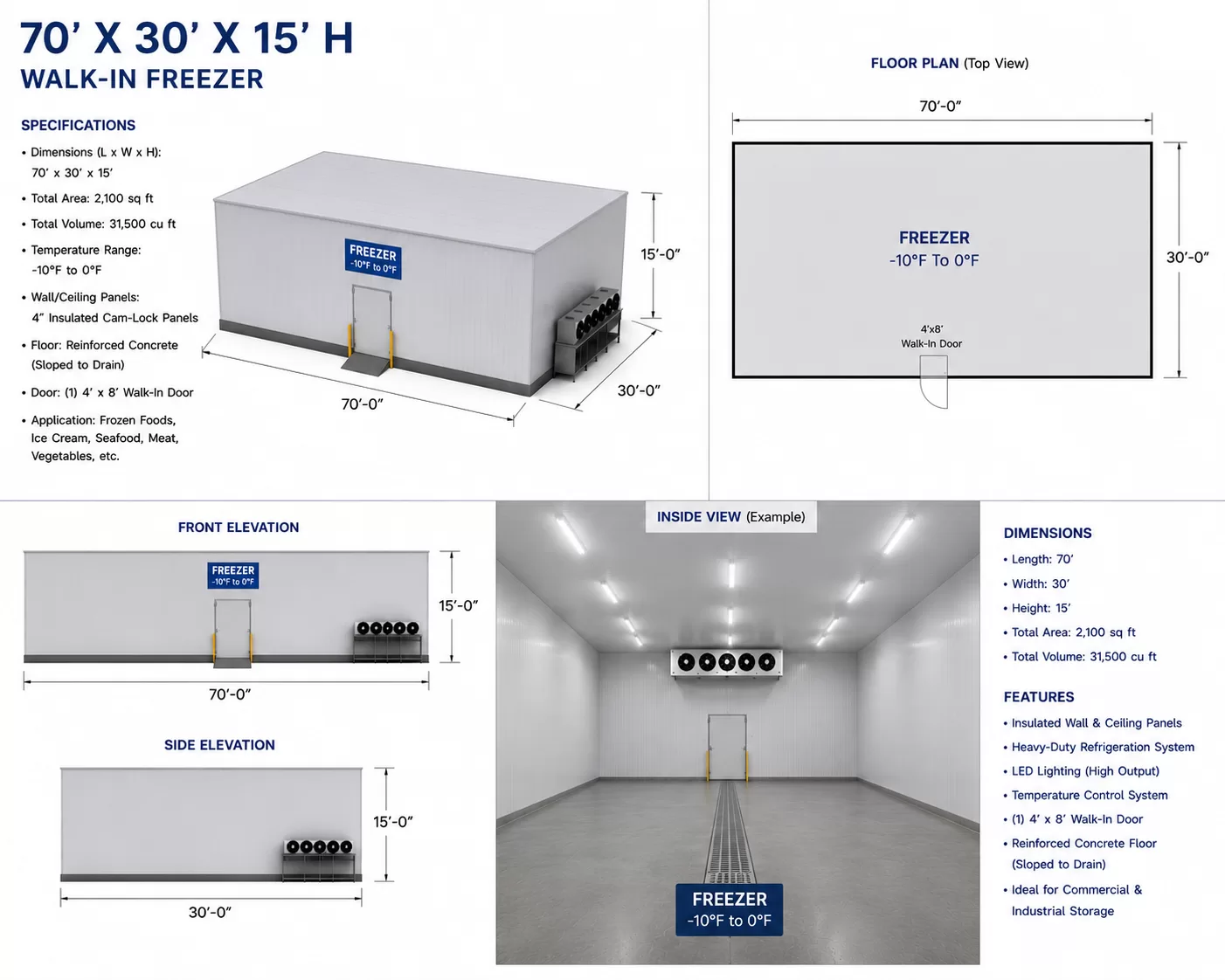 70 x 30 x 15(H) Walk-In Freezer